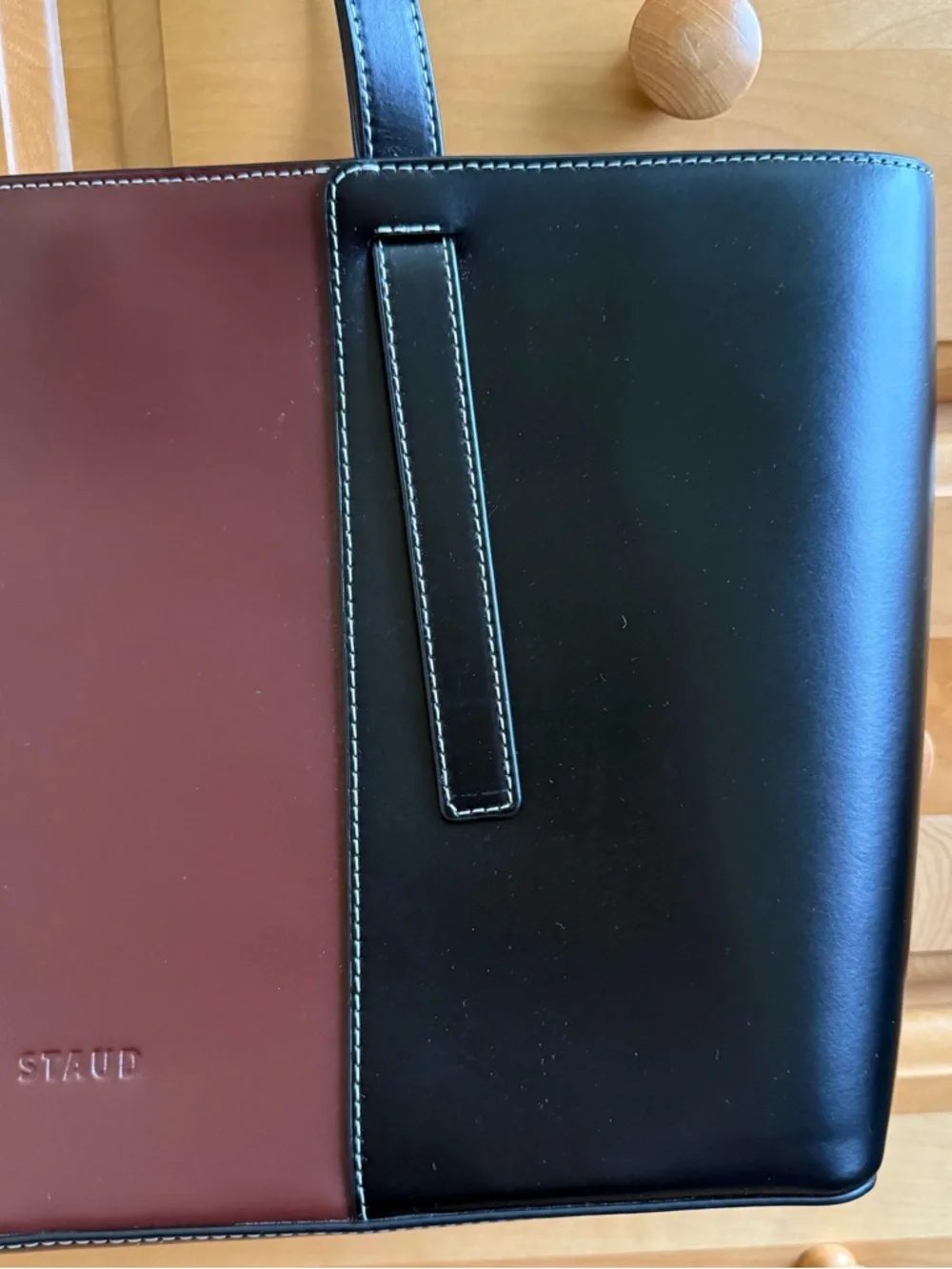 STAUD Two-Panel Leather Tote in Burgundy and Black - Picture 3 of 7